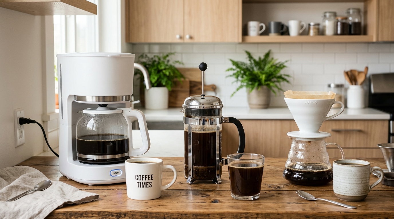 Three beginner coffee brewing methods side by side — drip coffee maker, French press, and pour-over dripper on a kitchen counter