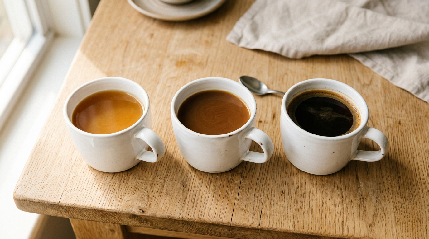 Three cups of brewed coffee viewed from above showing the color difference between light medium and dark roast