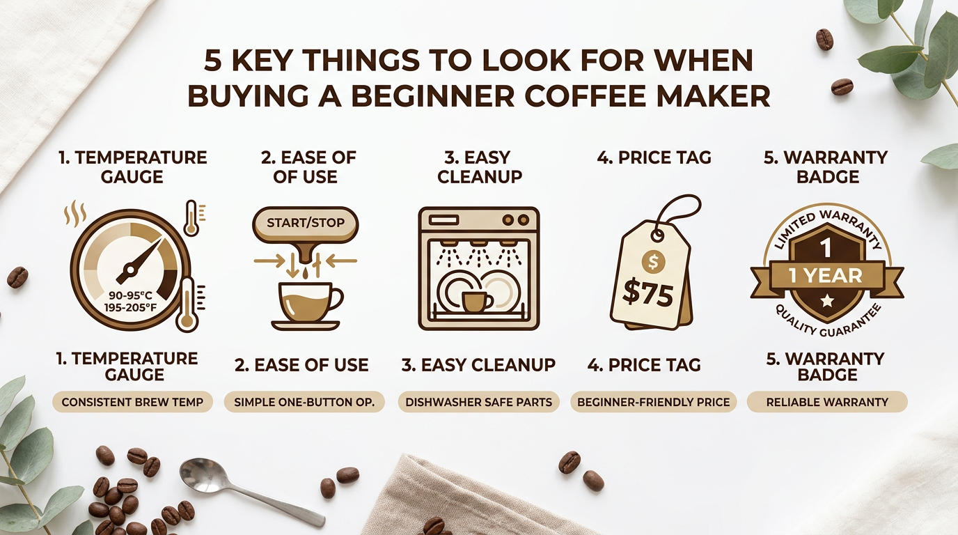 Infographic showing 5 key things to look for when buying your first coffee maker as a beginner