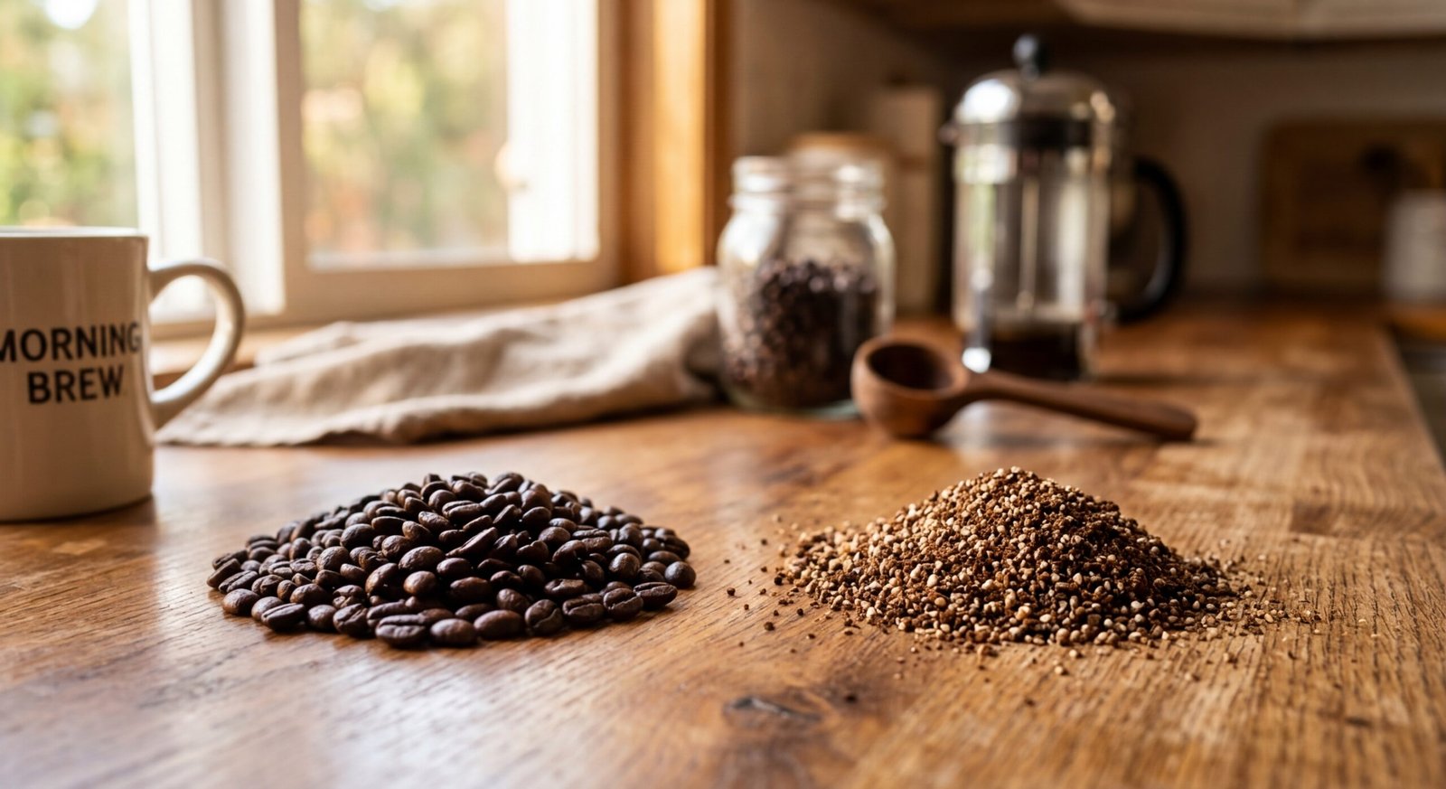 Whole bean coffee and ground coffee side by side on a warm kitchen countertop