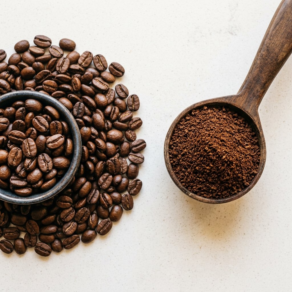 Close-up comparison of whole coffee beans next to a scoop of pre-ground coffee showing the texture difference