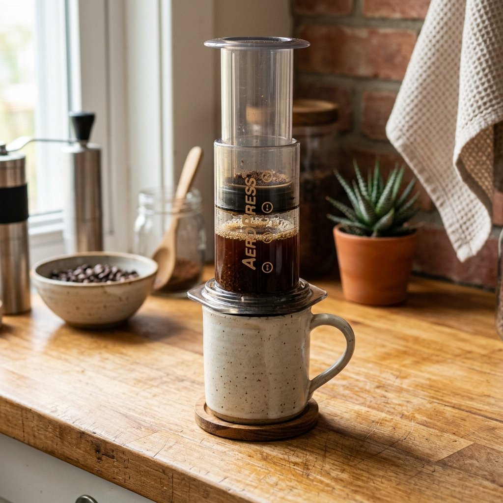 AeroPress brewing coffee with plunger inserted, sitting on top of a ceramic mug in a cozy kitchen