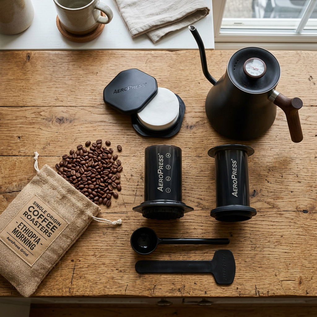 AeroPress for beginners flat lay showing all components — chamber, plunger, filter cap, scoop, stirrer, paper filters, coffee beans, and kettle on a wooden counter