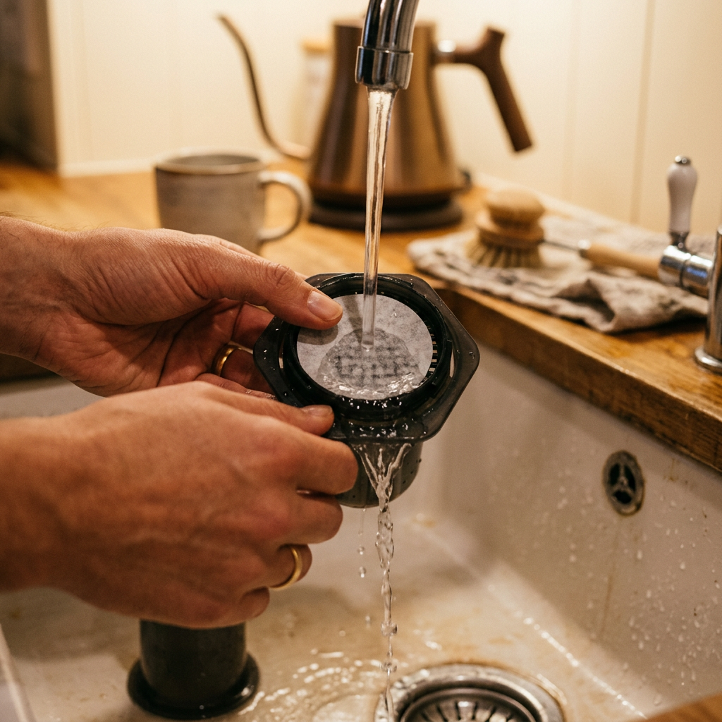 Placing a paper filter into the AeroPress filter cap and rinsing with hot water