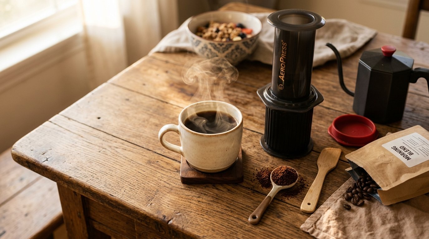Freshly brewed cup of AeroPress coffee next to the AeroPress brewer on a wooden table in warm morning light