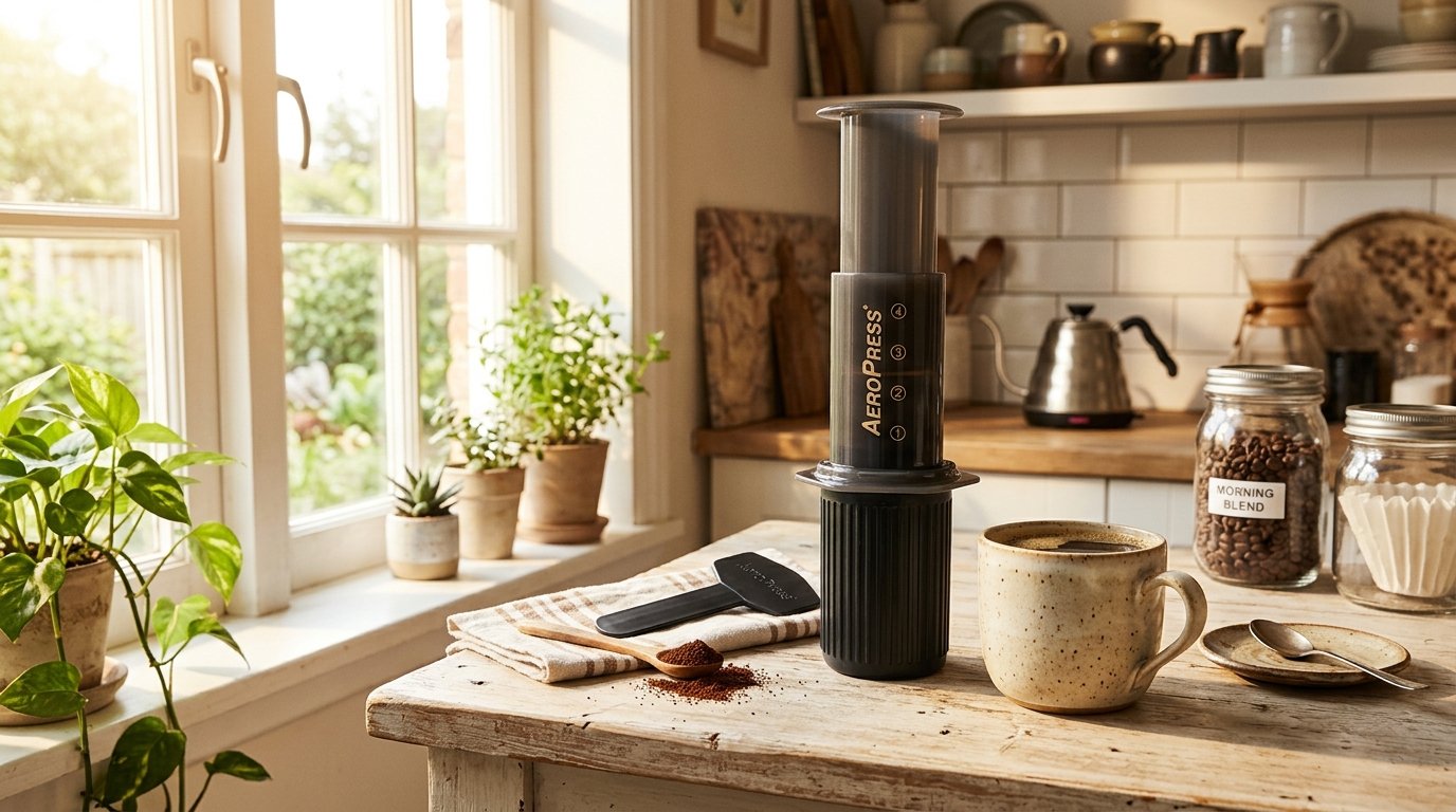 AeroPress coffee maker for beginners standing on a kitchen counter next to a mug of freshly brewed coffee in warm morning light