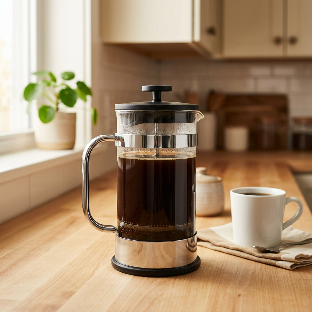 Classic Bodum-style glass French press with chrome frame full of brewed coffee — top pick best french press for beginners