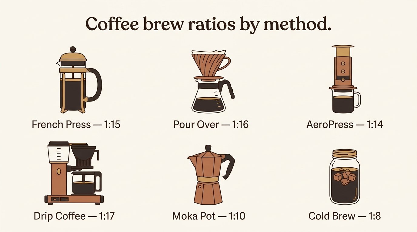 Coffee brew ratio chart by method — French press 1:15, pour over 1:16, AeroPress 1:14, drip coffee 1:17, Moka pot 1:10, cold brew 1:8