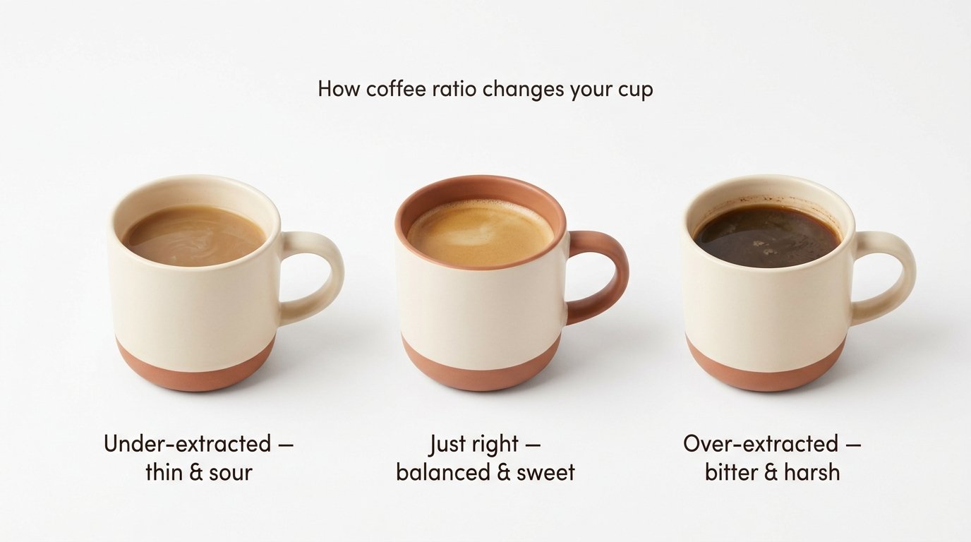 Three coffee mugs showing how coffee brew ratio affects the cup — under-extracted, just right, and over-extracted
