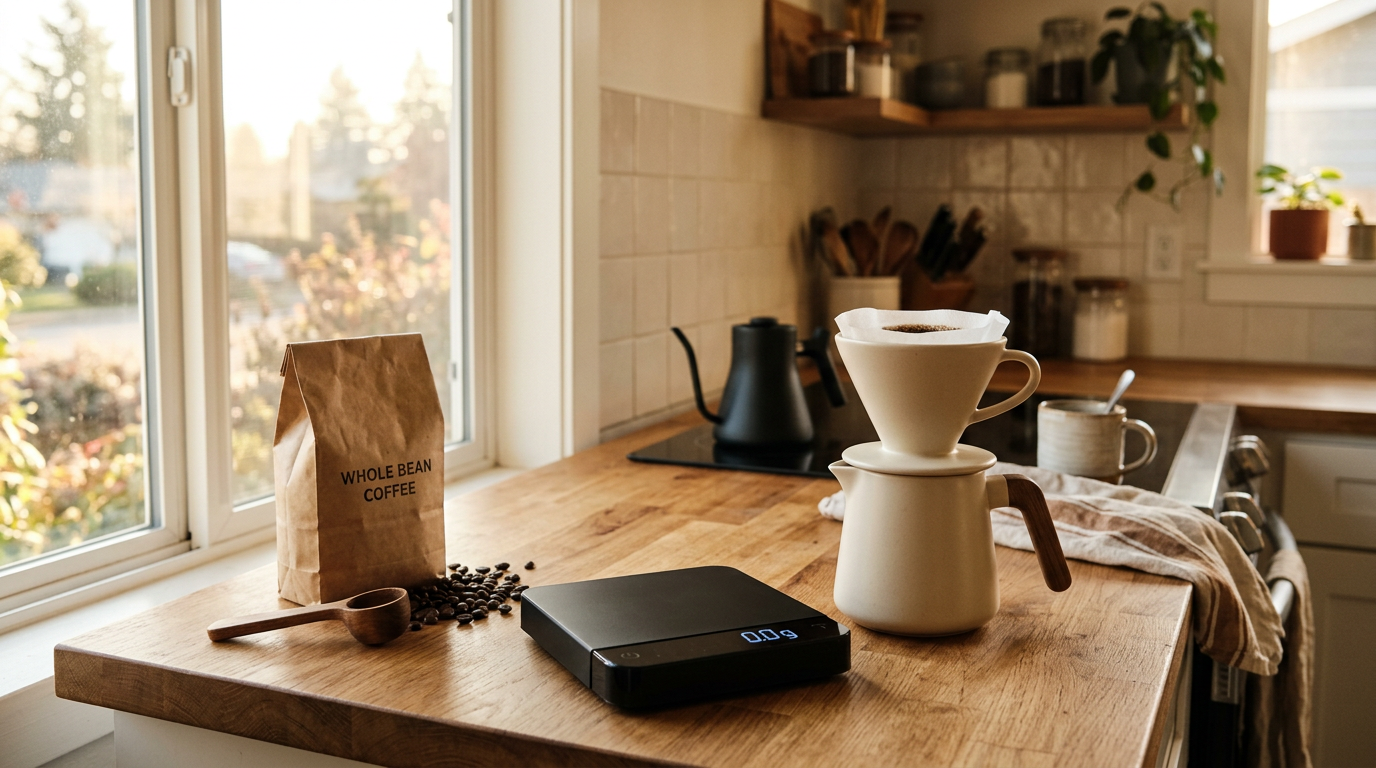 A digital coffee scale on a kitchen counter with coffee beans and a pour-over dripper, warm morning light