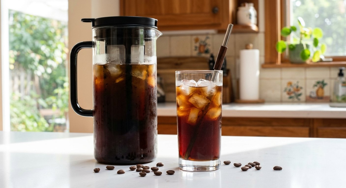 Cold brew coffee pitcher next to a glass of iced coffee on a kitchen counter — a thoughtful Mother's Day gift for an iced-coffee mom