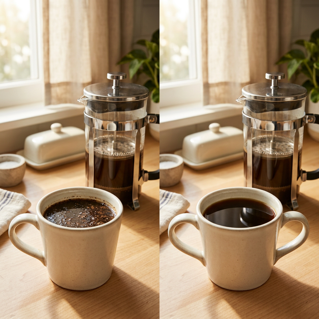 Two coffee mugs side by side — one with sediment, one clear — showing how a dual-filter French press for beginners reduces grit