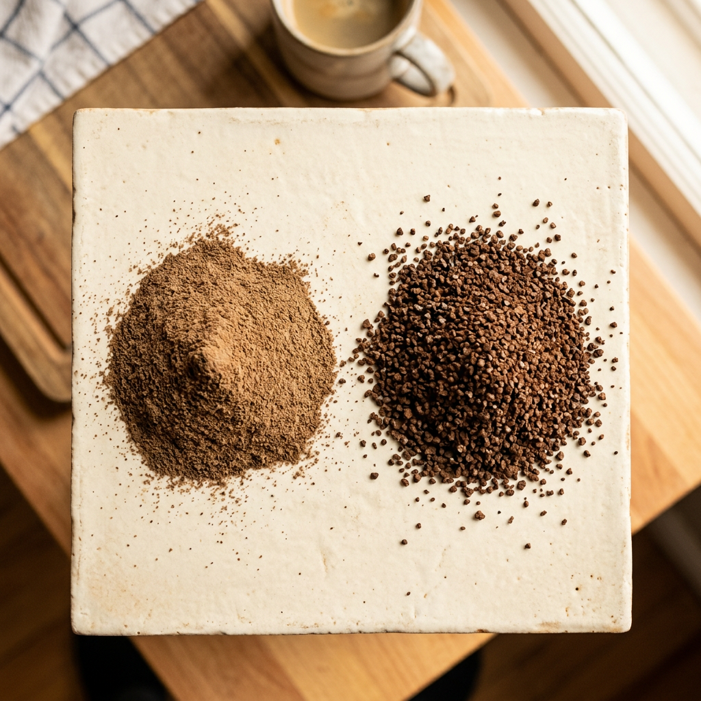 Side-by-side comparison of fine grind versus coarse grind coffee — the coarse grind is the correct size for French press and prevents muddy coffee