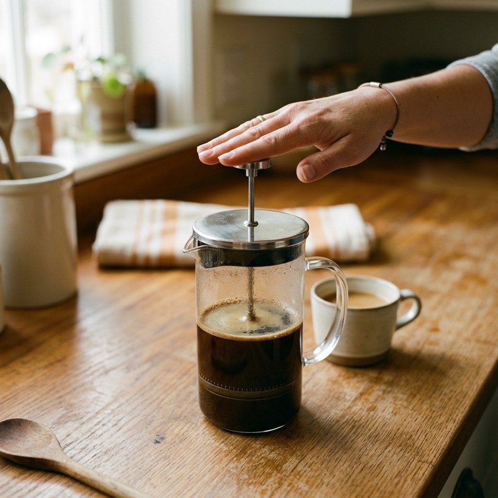 Hand slowly pressing the plunger down on a French press with gentle pressure — the correct technique to avoid muddy coffee