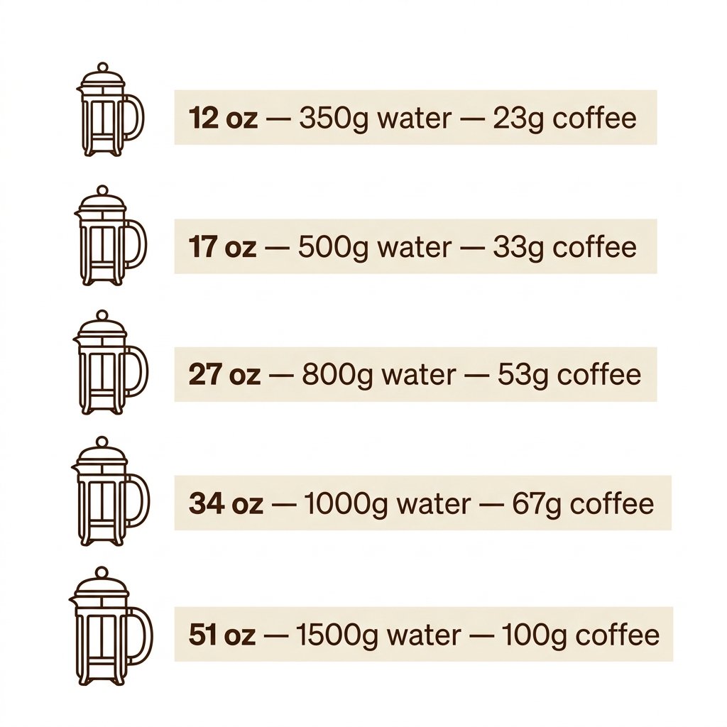 French press ratio chart showing grams of coffee and water needed for 12 oz, 17 oz, 27 oz, 34 oz, and 51 oz French presses