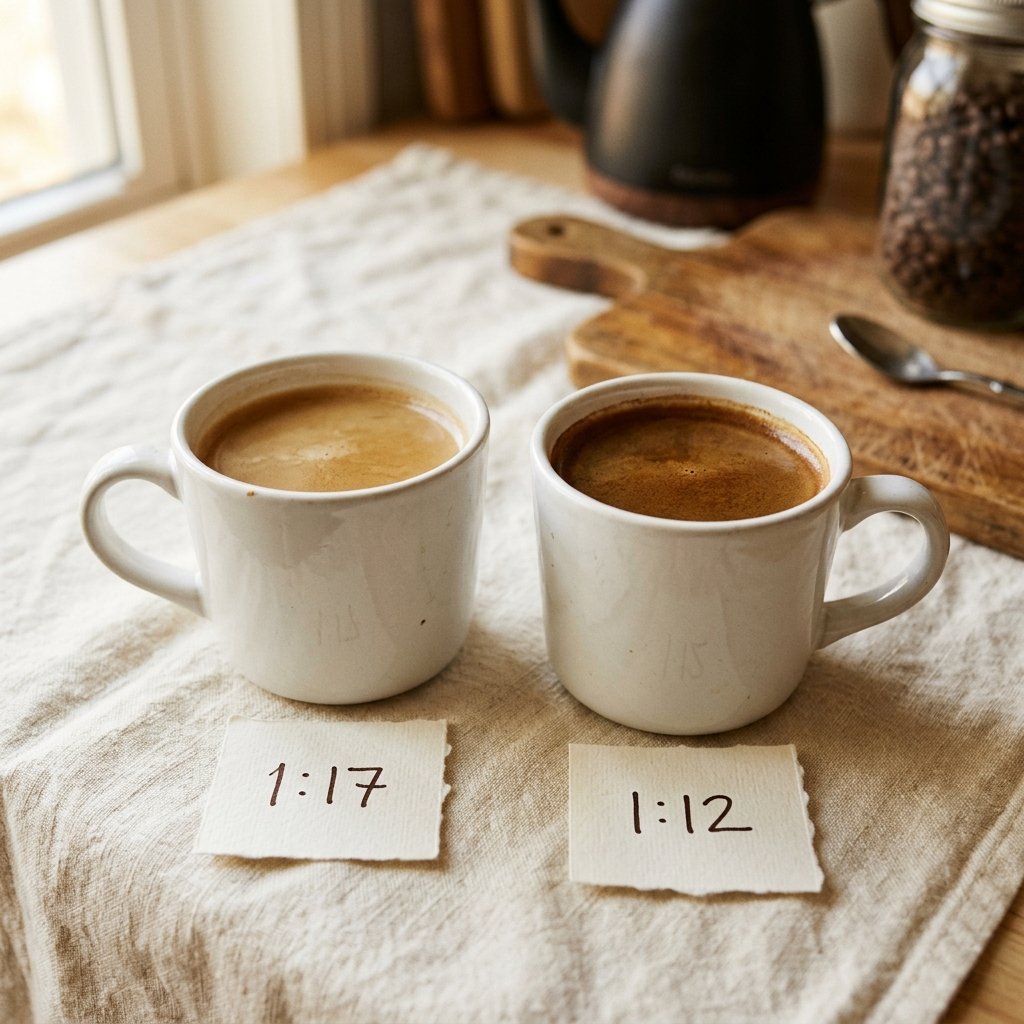 Side-by-side comparison of a 1:17 light French press coffee and a 1:12 strong French press coffee in white mugs