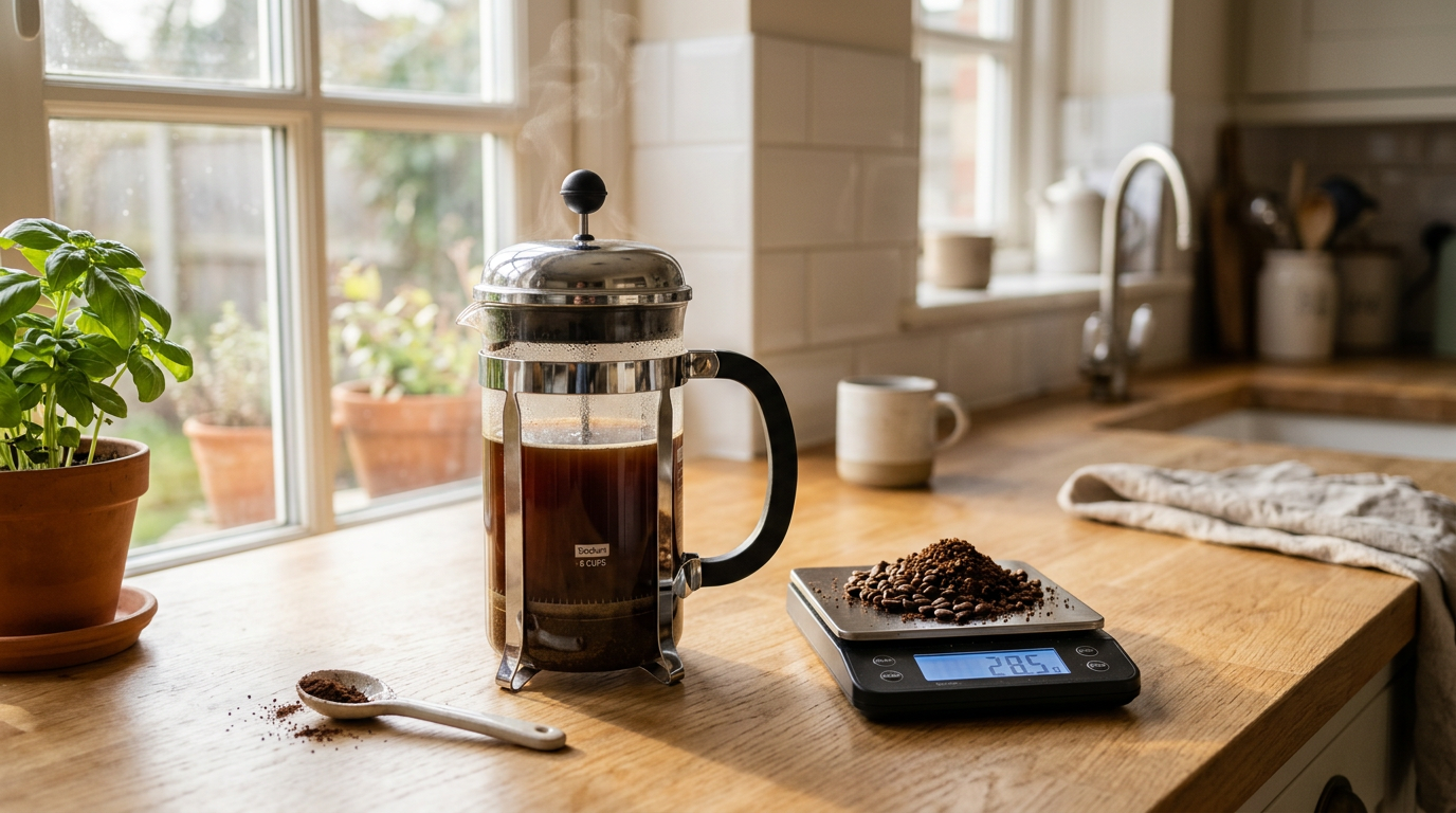 French press beside a kitchen scale weighing coarse ground coffee — the French press ratio setup for beginners