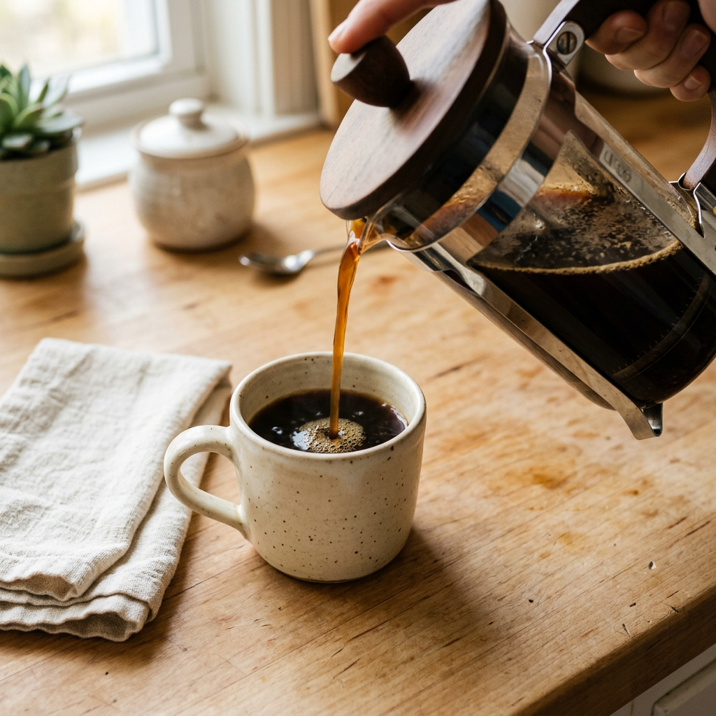French press pouring freshly brewed coffee into a cream ceramic mug on a wooden kitchen counter