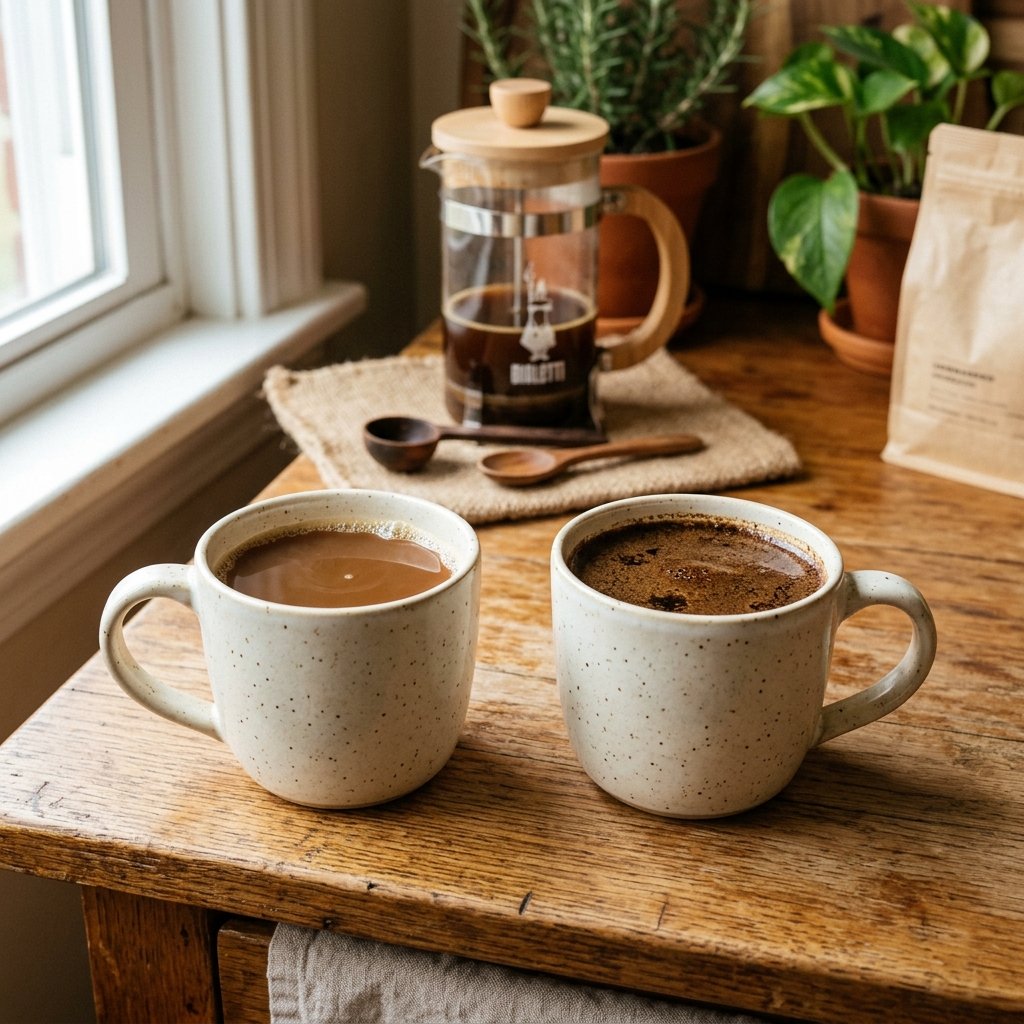 Side-by-side comparison of a 3-minute French press brew and a 5-minute French press brew in matching cream ceramic mugs
