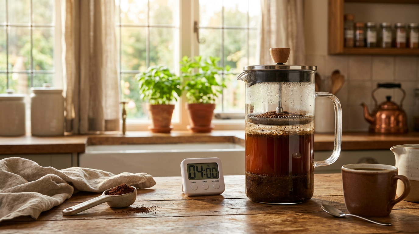 French press steeping on a wooden kitchen counter with a kitchen timer showing 4 minutes — the standard French press steep time