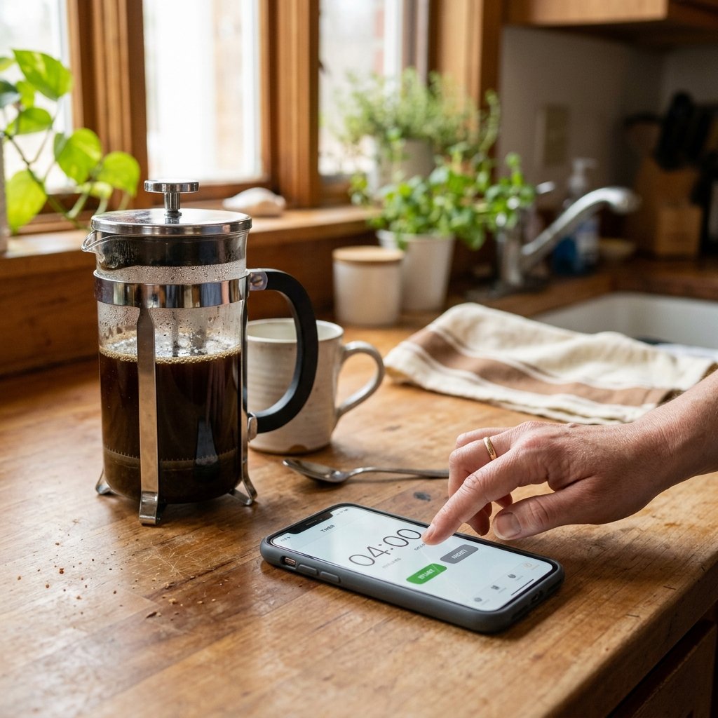 Hand setting a phone timer to 4 minutes next to a clear glass French press on a wooden kitchen counter