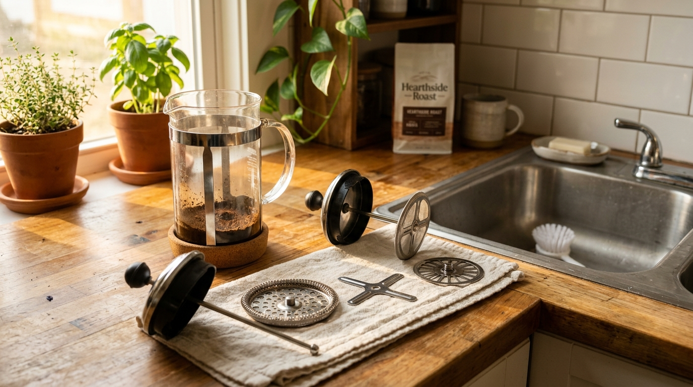 Clean glass French press with disassembled plunger parts laid out on a dish towel — how to clean a French press