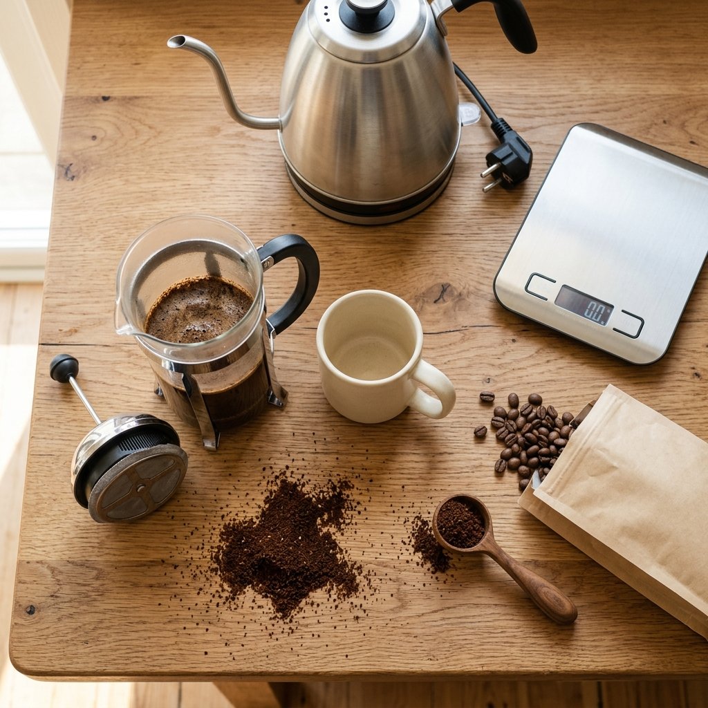 French press equipment flat lay showing everything beginners need to get started