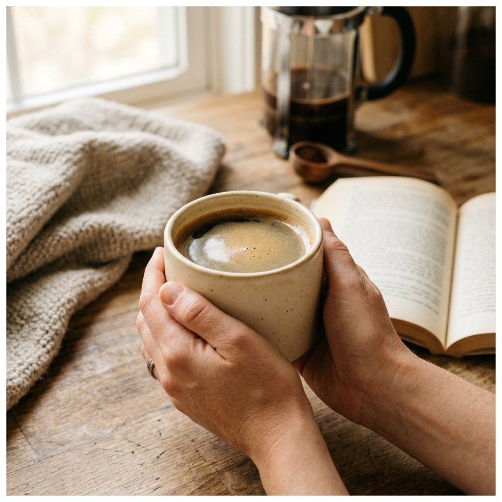 Hands holding a warm mug of French press coffee in a cozy home setting