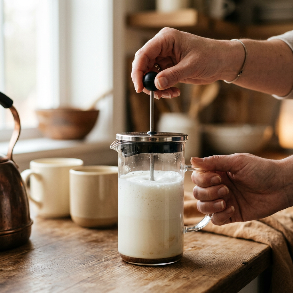 Close-up of a French press being used to froth milk with creamy foam visible inside