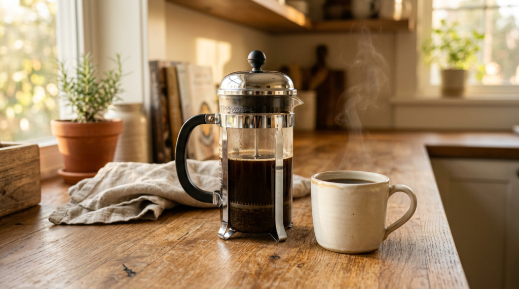 French press for beginners on a wooden kitchen counter with a mug of fresh coffee in warm morning light