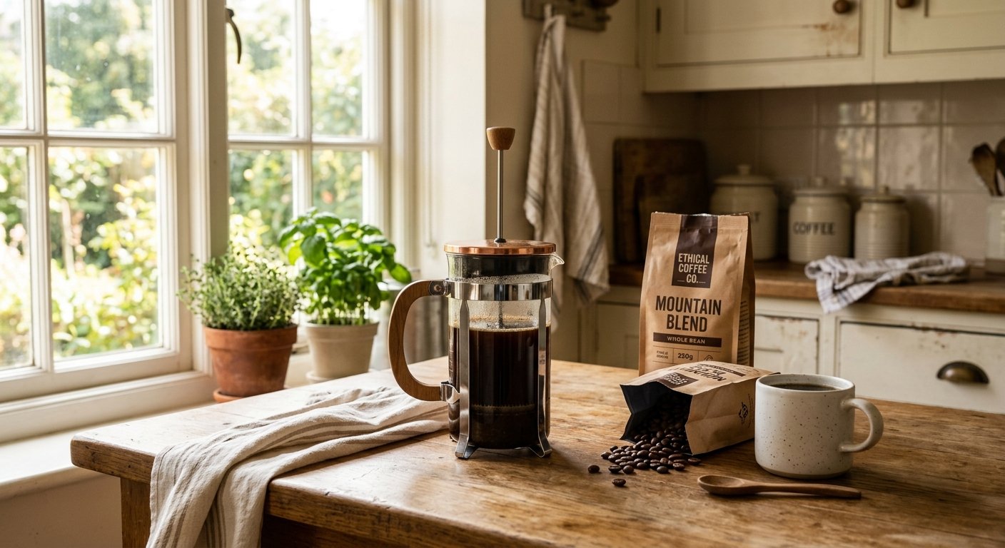 How to use a french press — classic French press with beans and a mug on a warm wooden kitchen counter