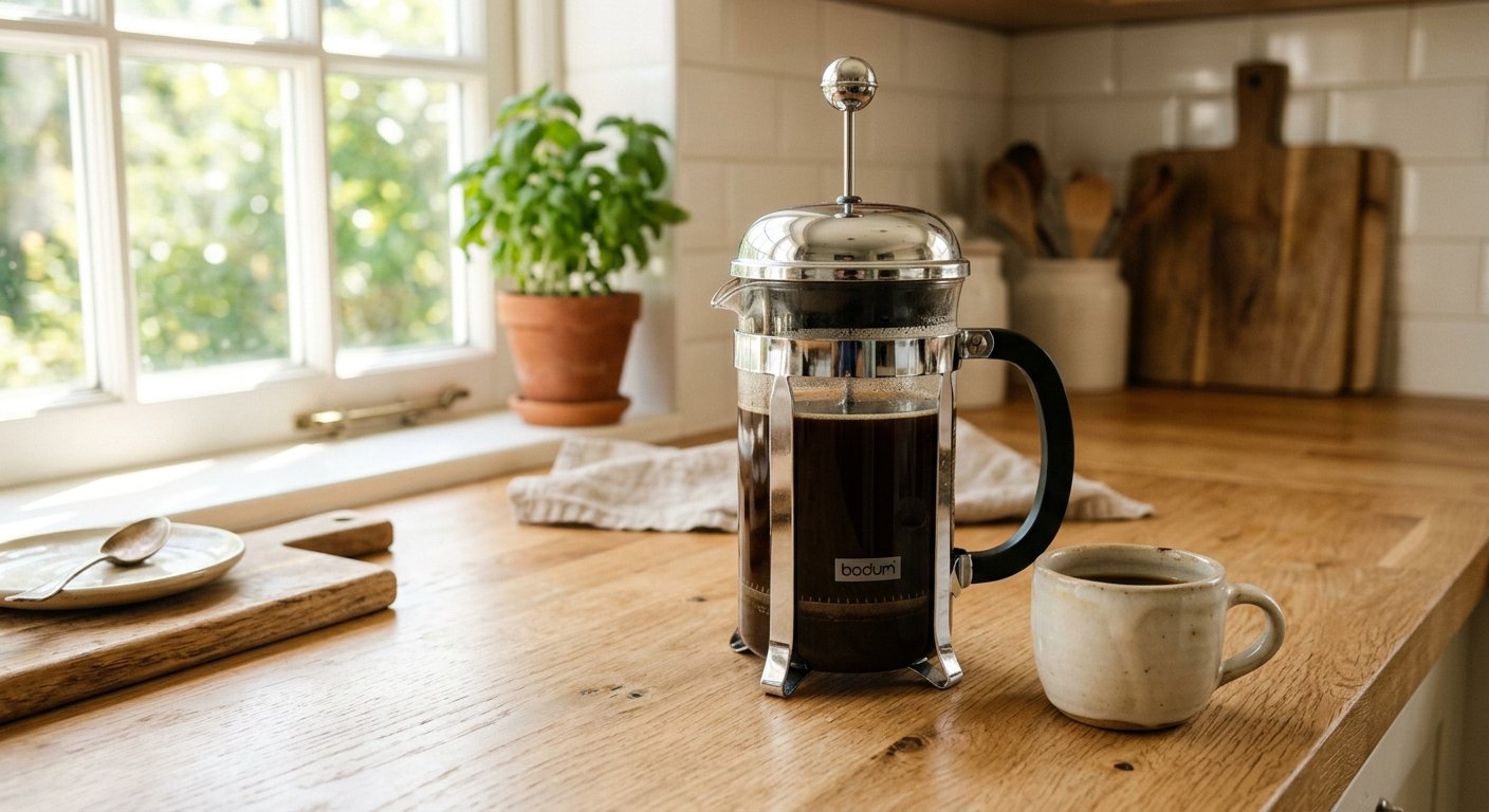 Best mother's day gift for coffee lovers — Bodum French press with fresh coffee on a sunny kitchen counter