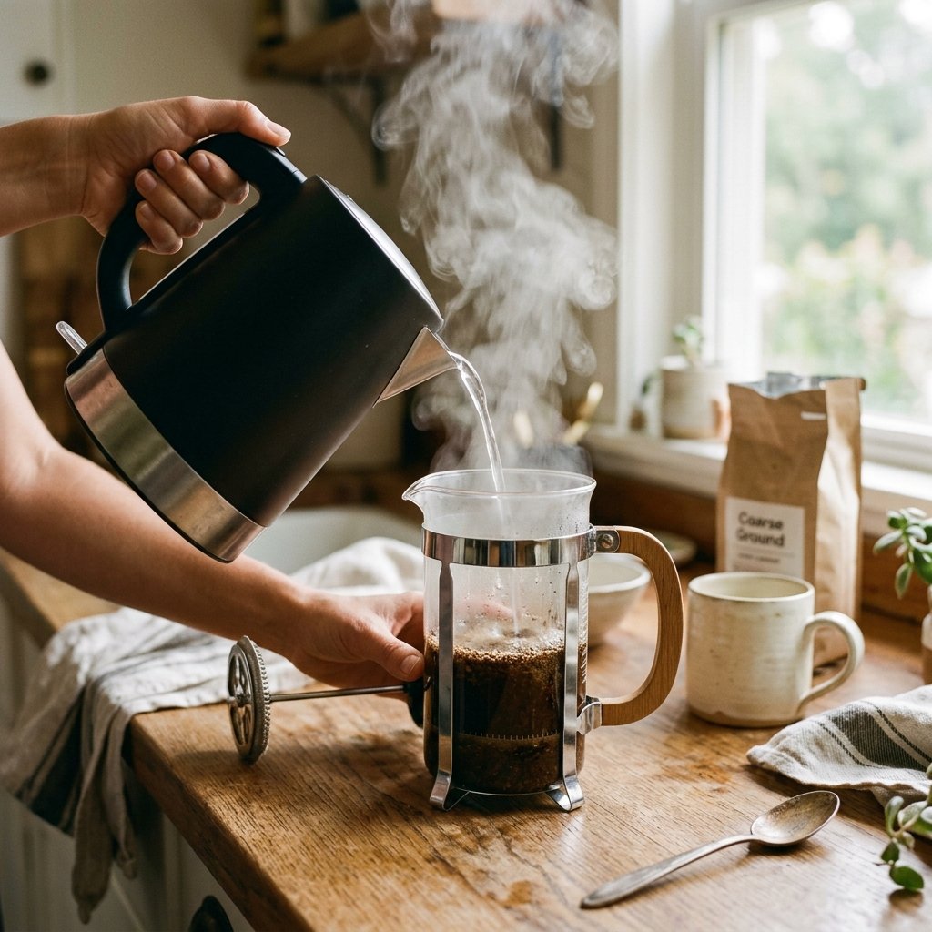 Hands pouring hot water from a kettle into a glass French press coffee maker, steam rising, beginner-friendly brewing technique