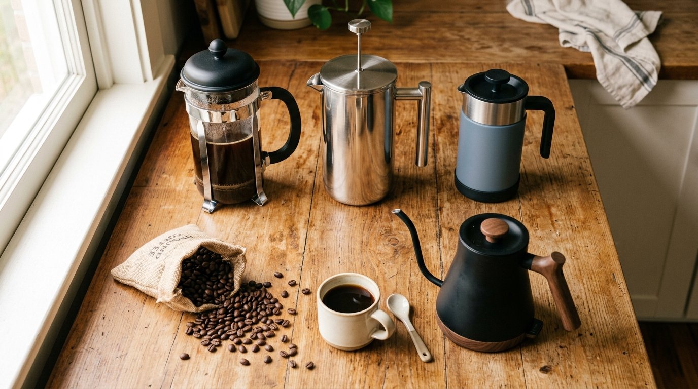 Three different French press coffee makers — glass, stainless steel, and travel — arranged on a wooden kitchen counter, the best french press for beginners shopping flat lay