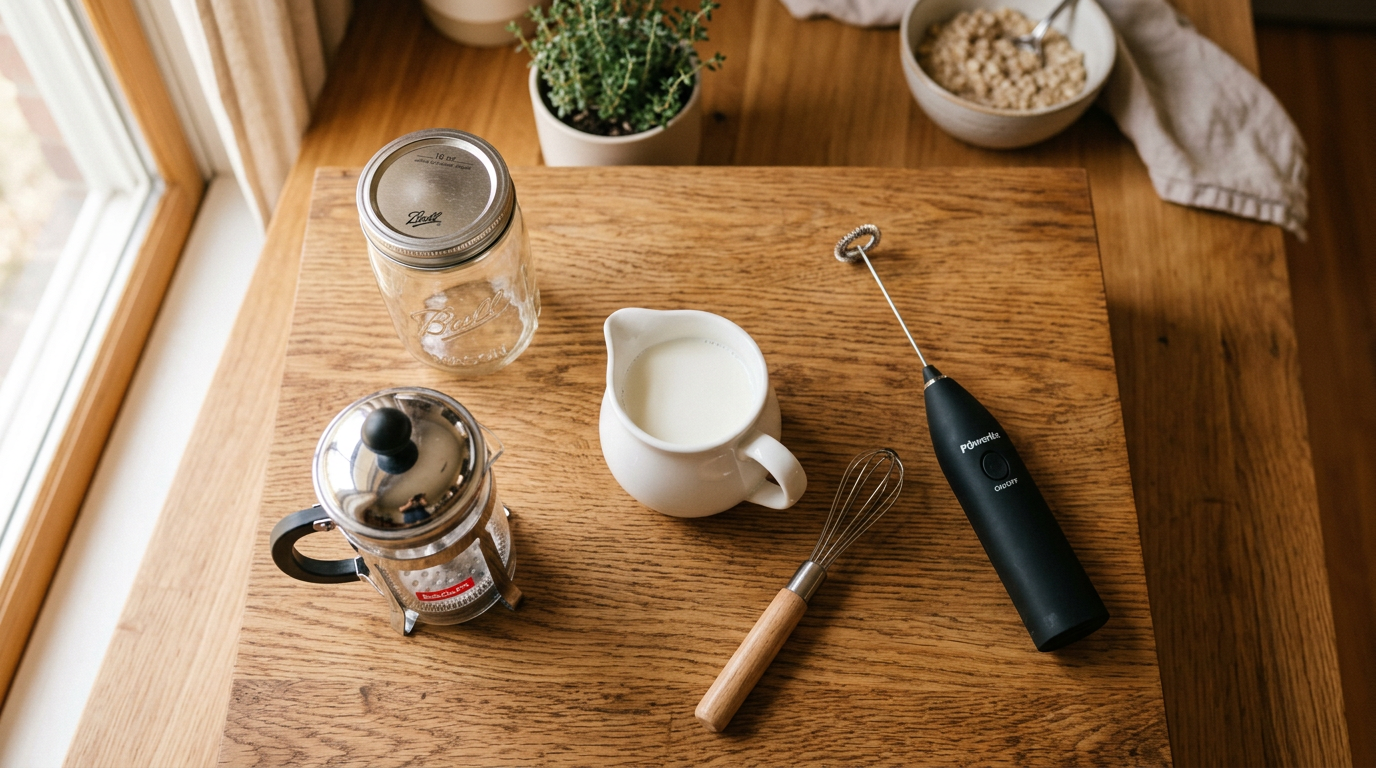 Milk frothing equipment laid out on a kitchen counter — how to froth milk without an espresso machine using a mason jar, French press, whisk, and handheld frother