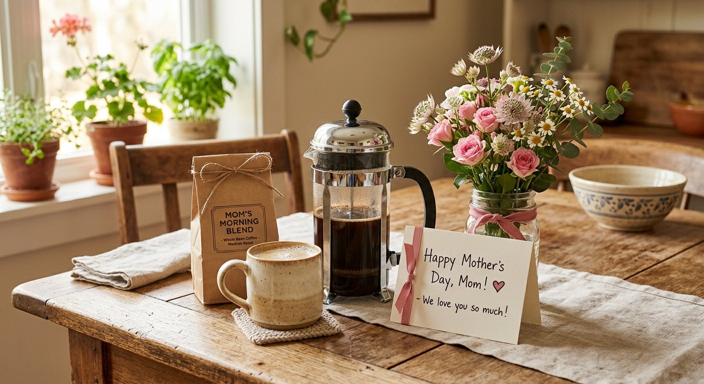 A Mother's Day coffee gift bundle wrapped on a kitchen table — the best mother's day gift for coffee lovers