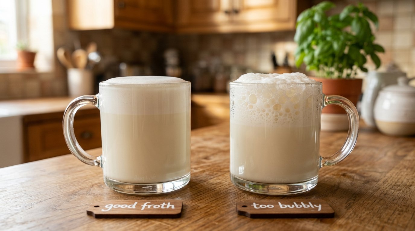 Side-by-side comparison of good milk froth vs bad froth — smooth microfoam on the left, large bubbly foam on the right