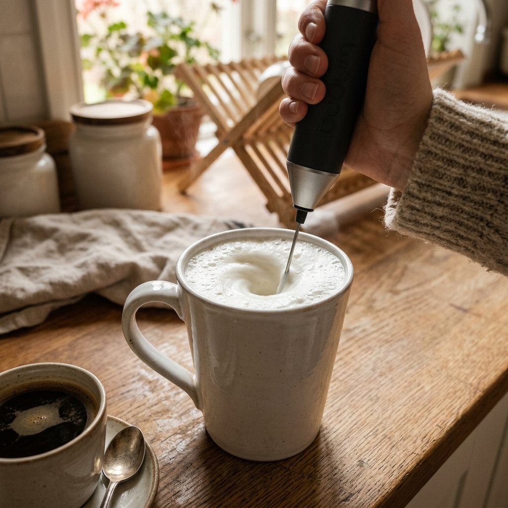 Handheld milk frother creating creamy foam in a mug of warm milk