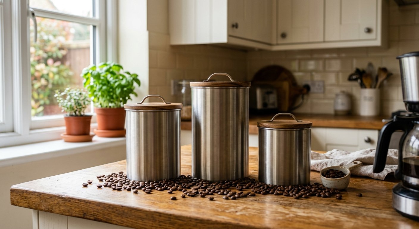 Three stainless steel coffee storage containers on a warm kitchen counter with scattered coffee beans