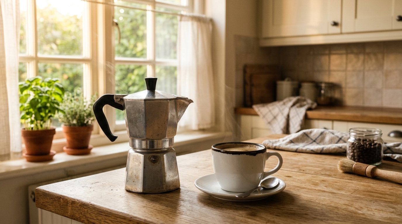 A classic silver moka pot on a kitchen counter next to a cup of dark coffee — perfect moka pot for beginners
