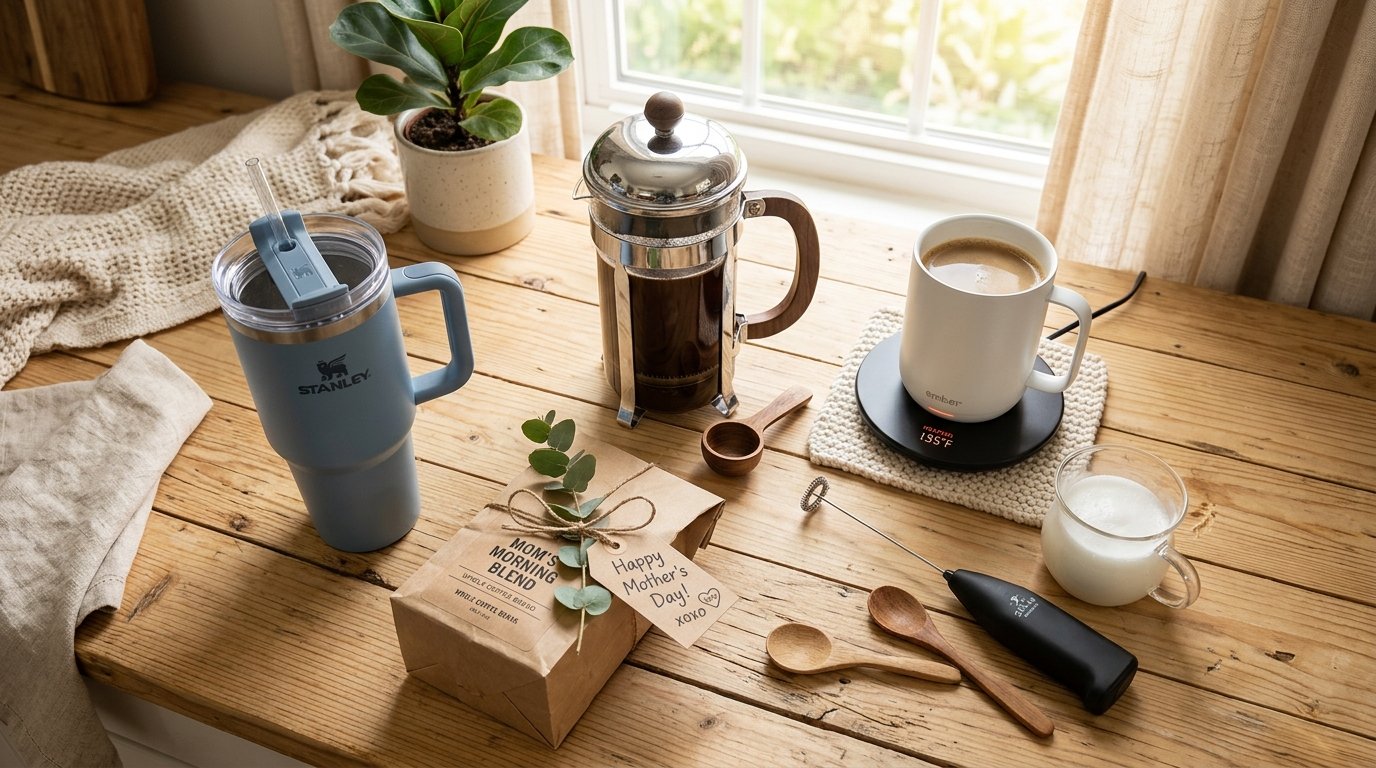 Flat-lay of the best mother's day gift for coffee lovers — French press, smart mug, milk frother, and bag of beans on a warm kitchen counter