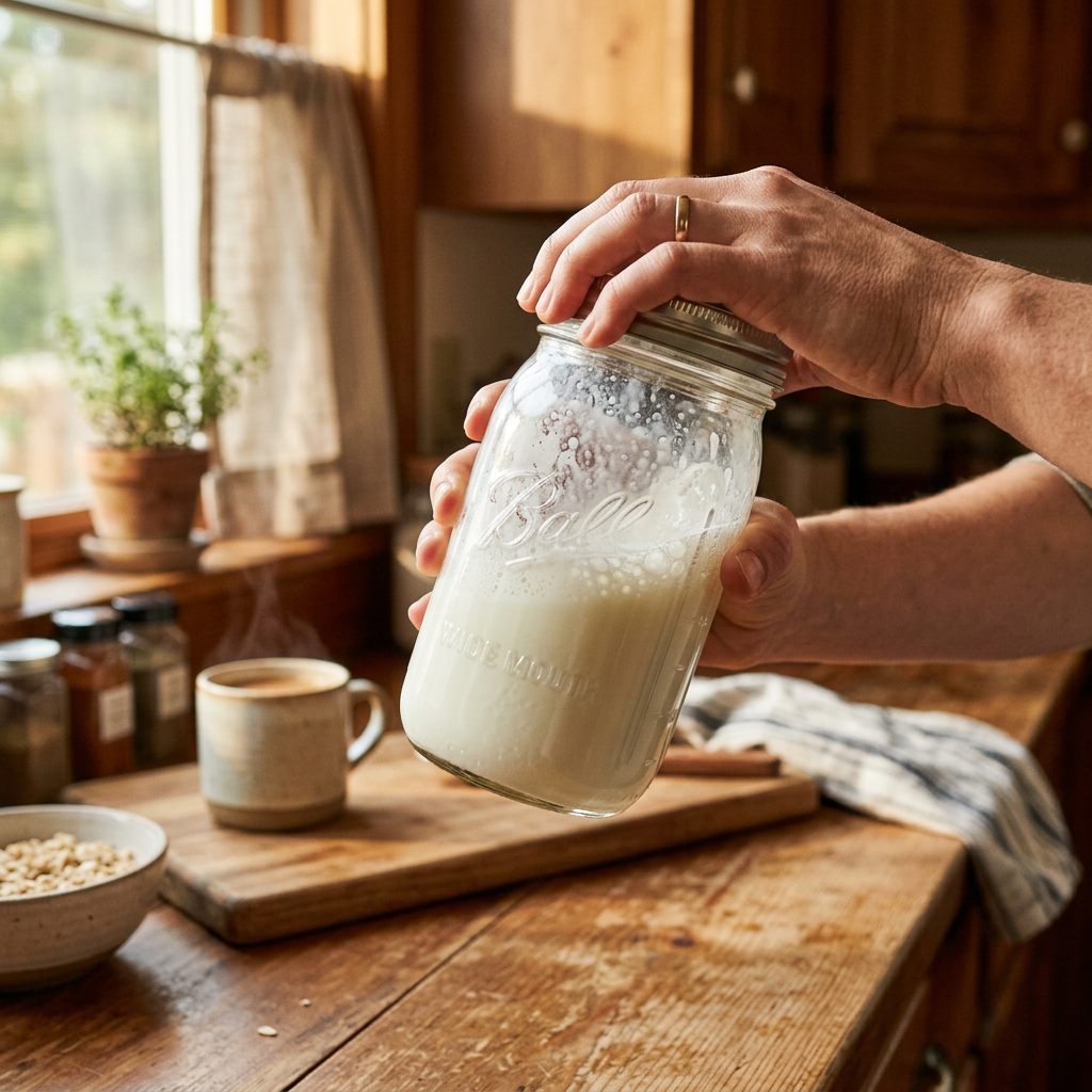 Hands shaking a mason jar filled with frothy milk — the easiest way to froth milk without an espresso machine