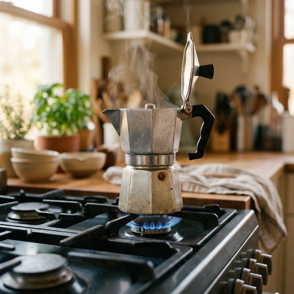 A moka pot brewing on a gas stovetop with a small flame — step 3 of brewing moka pot coffee for beginners