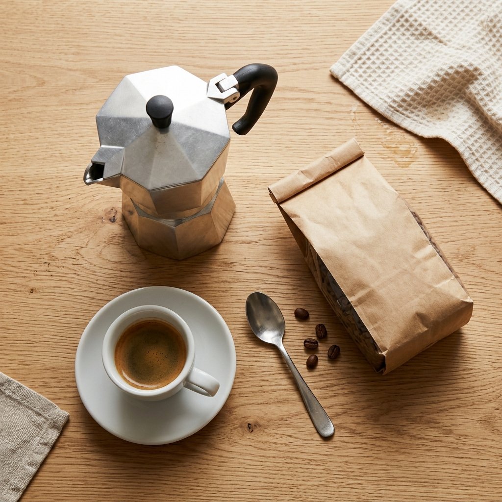 Everything you need to brew with a moka pot for beginners — moka pot, coffee beans, cup, and spoon