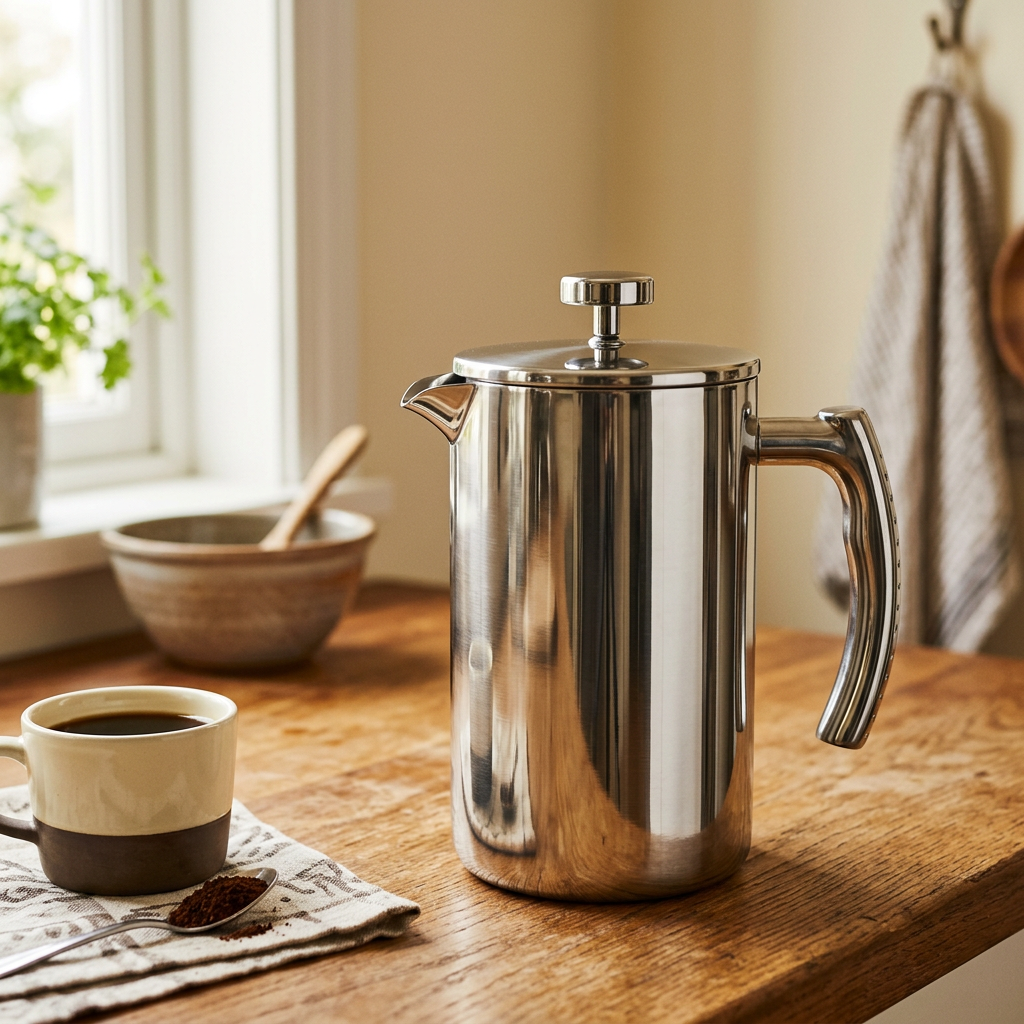 Polished stainless steel double-wall French press coffee maker on a wooden kitchen counter, durable beginner pick