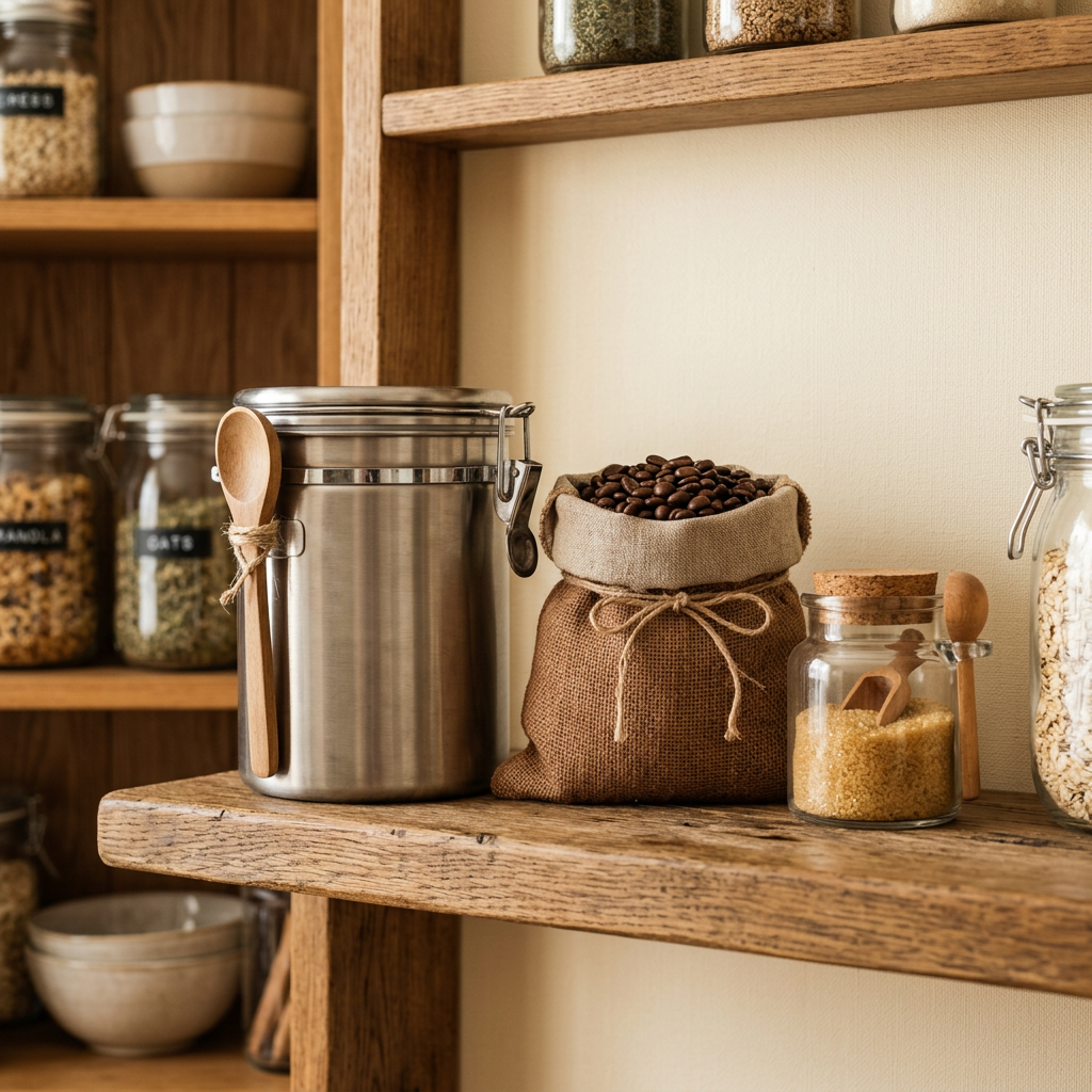 Coffee storage container on a cozy kitchen pantry shelf next to bags of coffee beans