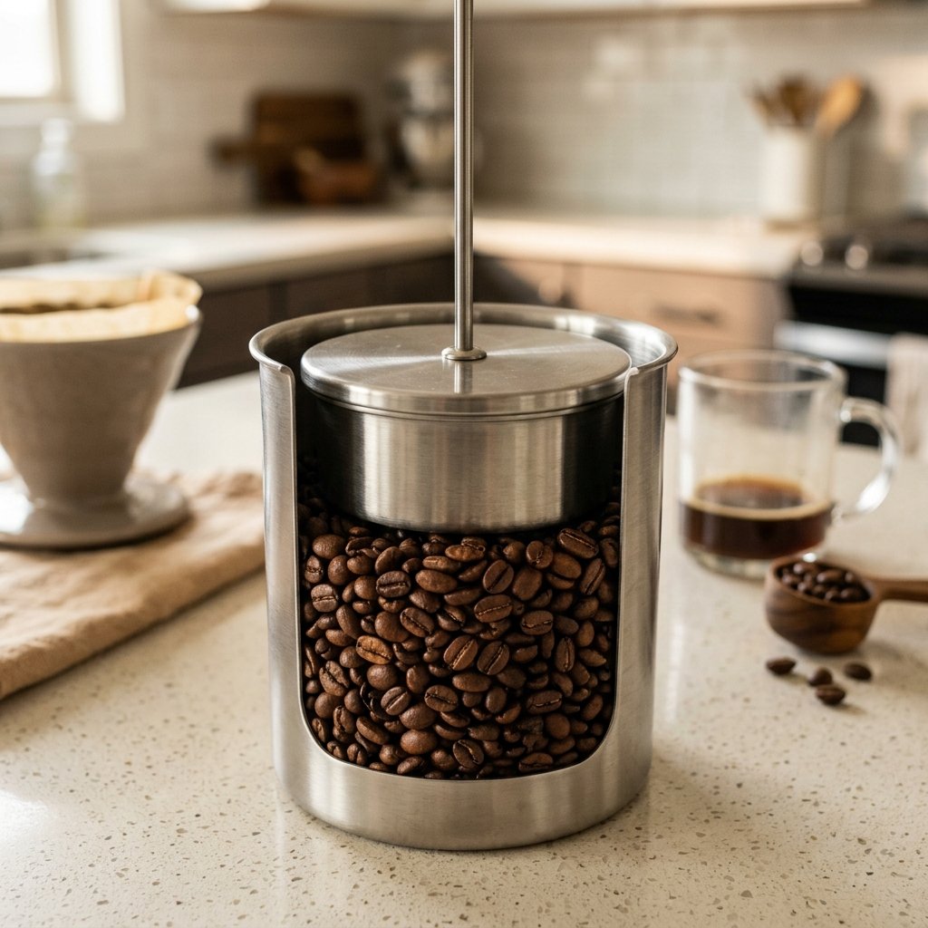 Best coffee storage container with plunger lid pressed down on whole coffee beans inside a stainless steel canister