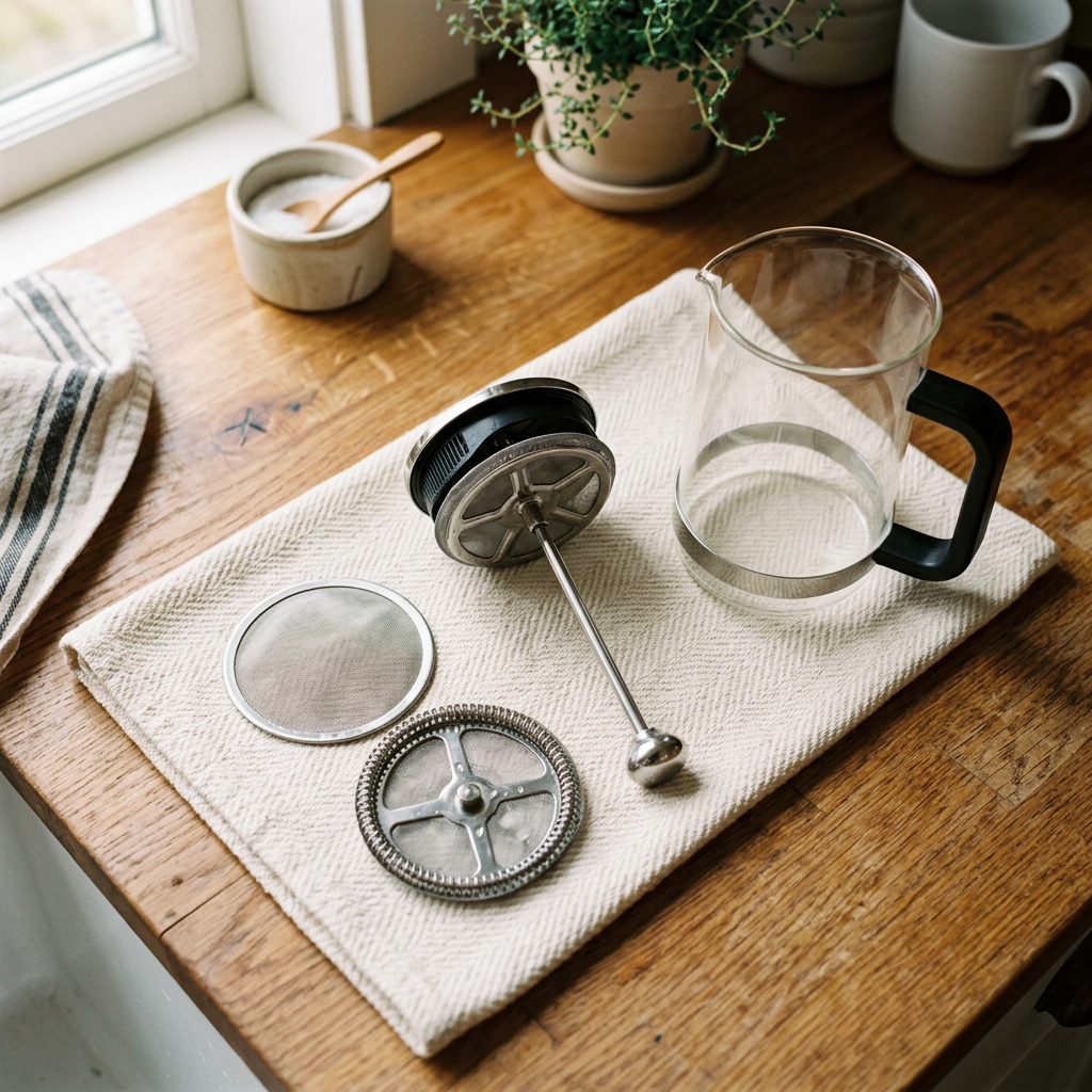 Disassembled French press plunger parts — mesh screen, cross plate, and spring disk — air drying on a dish towel