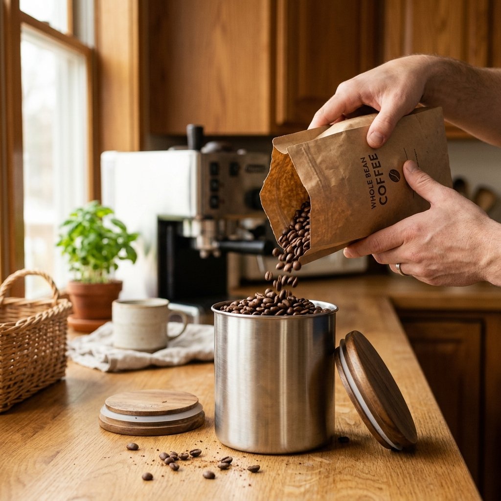 Pouring whole coffee beans from a bag into a stainless steel coffee storage container