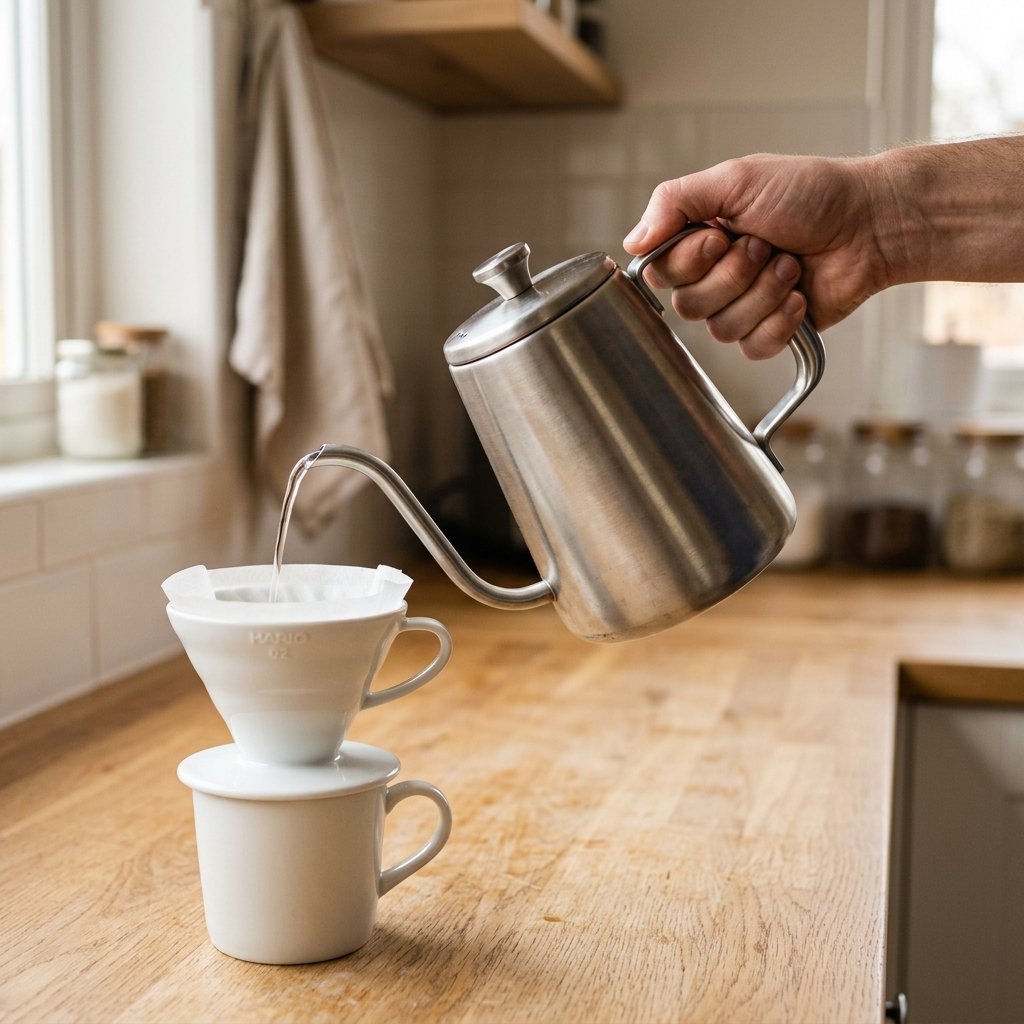 Rinsing a paper filter in a V60 pour-over dripper with hot water from a gooseneck kettle — a key step in pour-over coffee for beginners